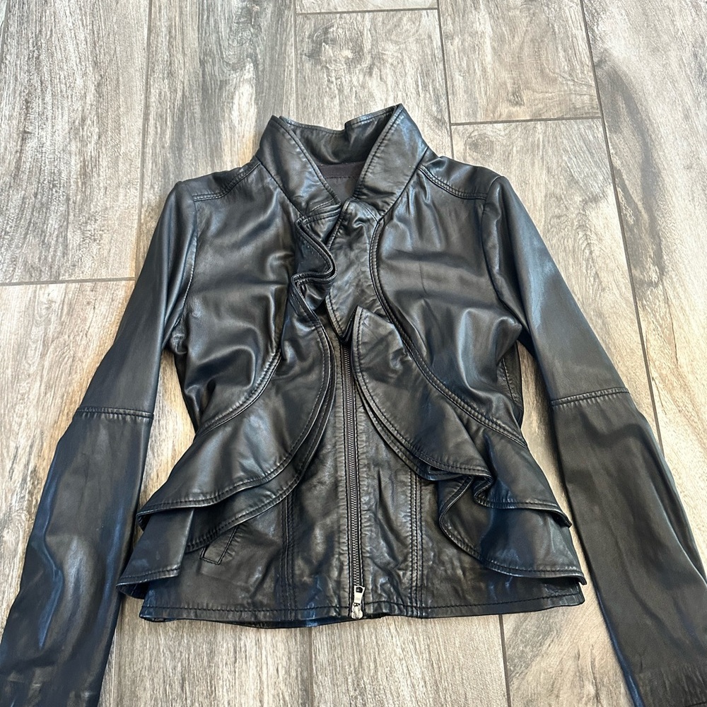 Marissa Webb Black Women's Ruffled Leather Jacket